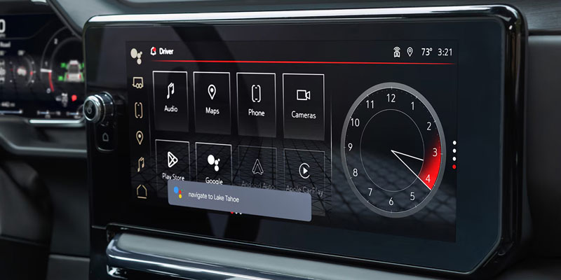 2026 GMC Sierra 1500 interior technology featuring a large touchscreen infotainment system, digital driver display, and advanced connectivity features.